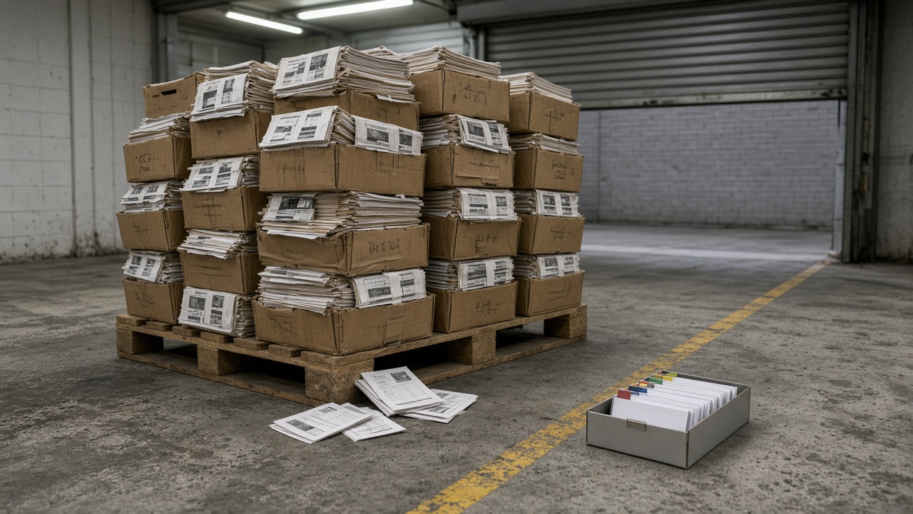 A commercial loading bay at handover: a pallet of overflowing banker boxes stuffed with hundreds of identical printed vendor manuals, a few loose sheets on the concrete, and one thin index-card box with tabbed cards and blank metal plant-tag clips at the pallet edge under a half-open roller shutter.