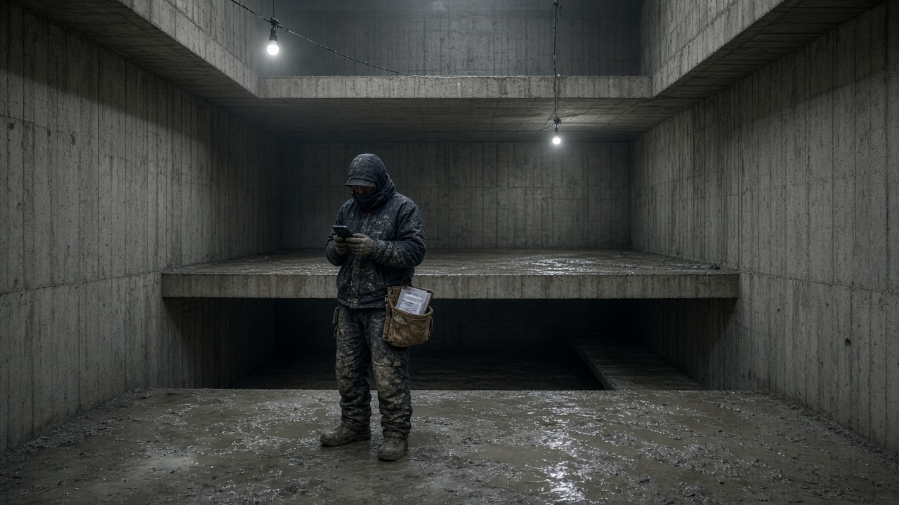 Three raw concrete basement levels with a wet slab in the foreground: a worker in a dark hooded jacket stands on a mid-level platform holding a phone, a paper issued set stuffed in a pouch at their hip, two bare bulbs hanging in the void.