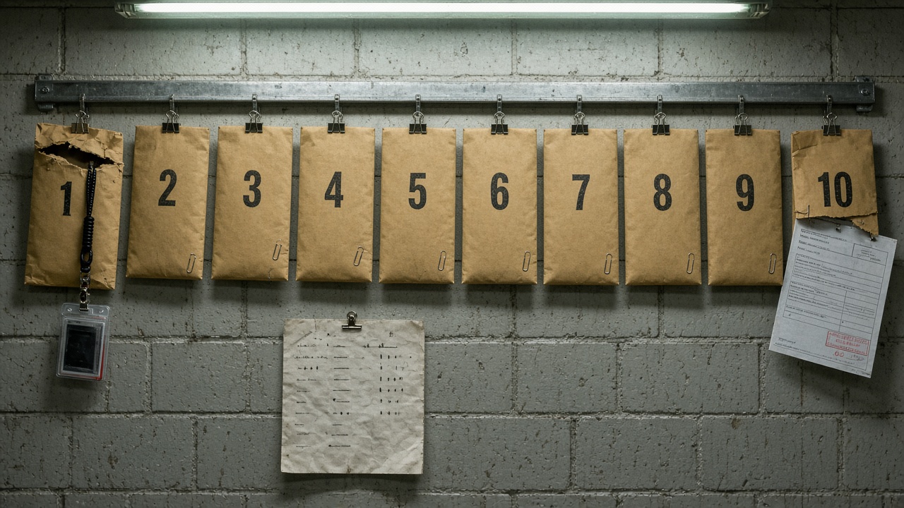 Ten manila envelopes numbered 1 to 10 hang on a document-control pinboard; day 1 is open with a site access badge on a lanyard, day 10 shows a paper transmittal half pulled out.