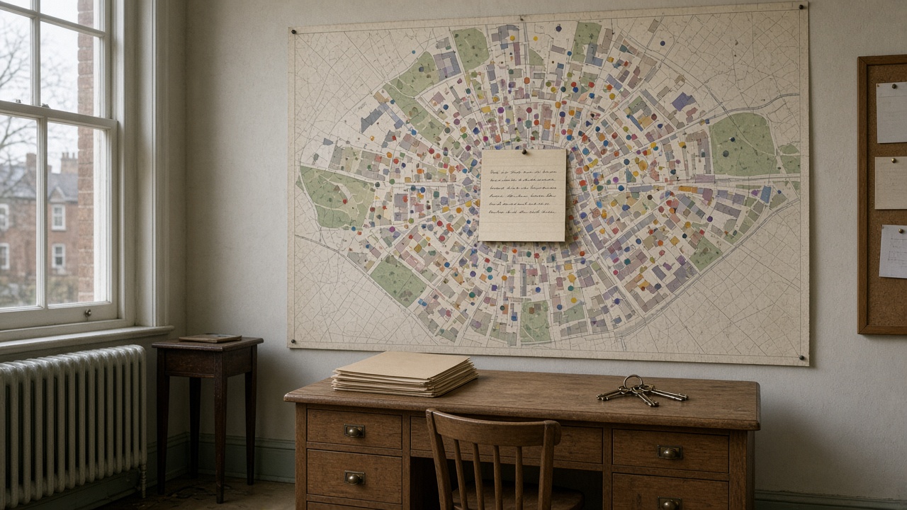 A British municipal estate office in overcast daylight: a wall-mounted paper city map is marked with about two hundred coloured building pin-dots; one cream naming-standard card is pinned at the centre of the map, with manila folders and a brass key ring on a plan-chest below.