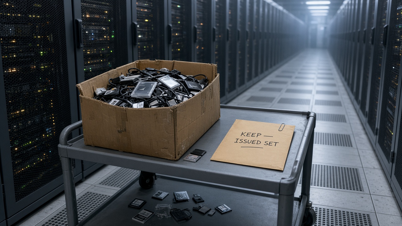 In a raised-floor server-room aisle, an overflowing cardboard box of loose SD cards and unmarked USB sticks sits on a trolley opposite one slim manila envelope marked KEEP — ISSUED SET.
