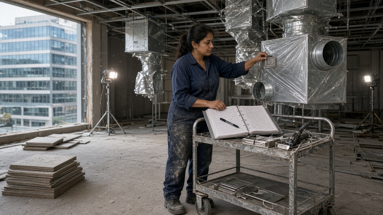 A woman in a dusty navy coverall stands on an unfinished mid-rise floor and checks a small metal identity tag already fixed to a plastic-wrapped galvanised fan-coil hanging from the ceiling; a two-shelf site trolley beside her holds an open ring-bound inspection pack, a pen, and a shallow tray of unused stainless tags.