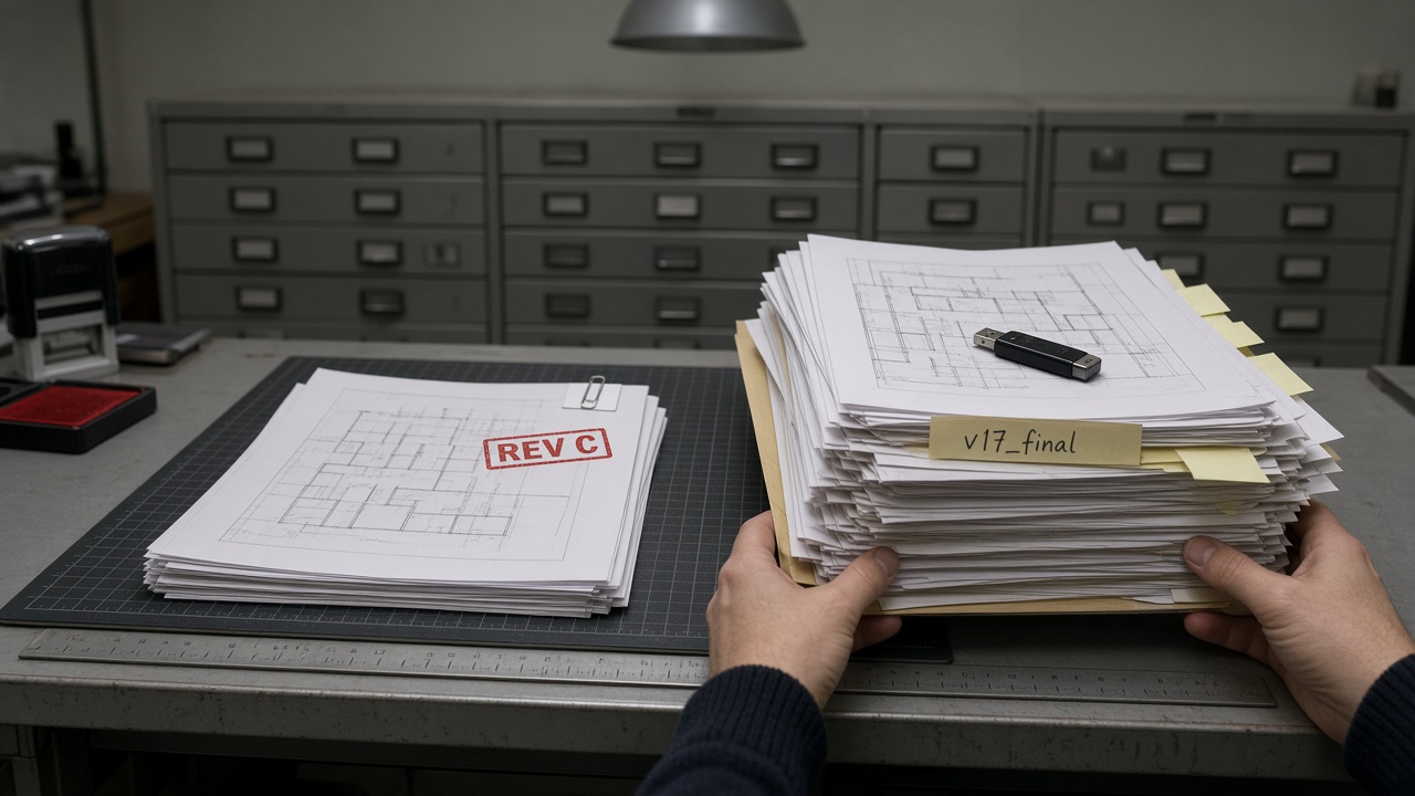 On a metal plot-room bench, a neat issued drawing stack stamped REV C sits beside a dog-eared v17_final folder; a pair of hands lift the version pile and leave the issued revision untouched.