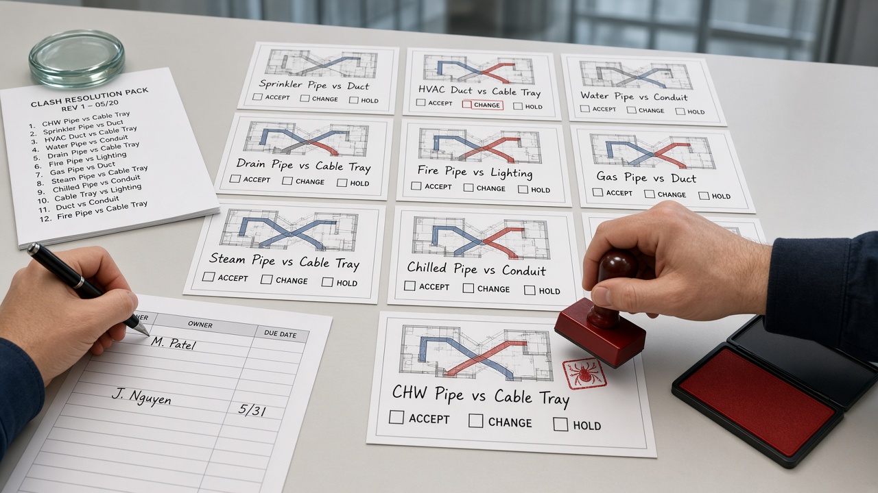 A design-office meeting table of printed clash cards, each with ACCEPT, CHANGE and HOLD boxes, a red stamp mid-press on the nearest card, and a handwritten decision log — no slideshow screen.