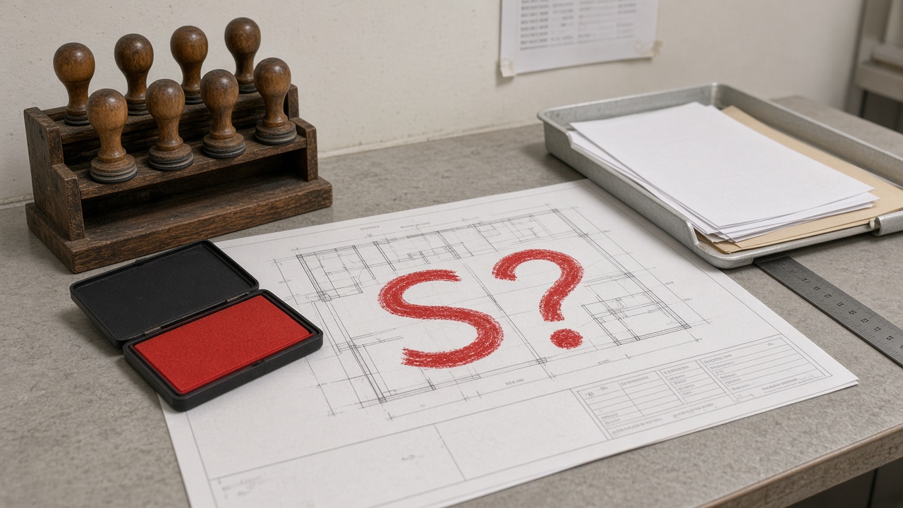 A document-control bench with a wooden rack of blank-faced rubber stamps, one open red ink pad, and a floor-plan print marked S? in red grease pencil.