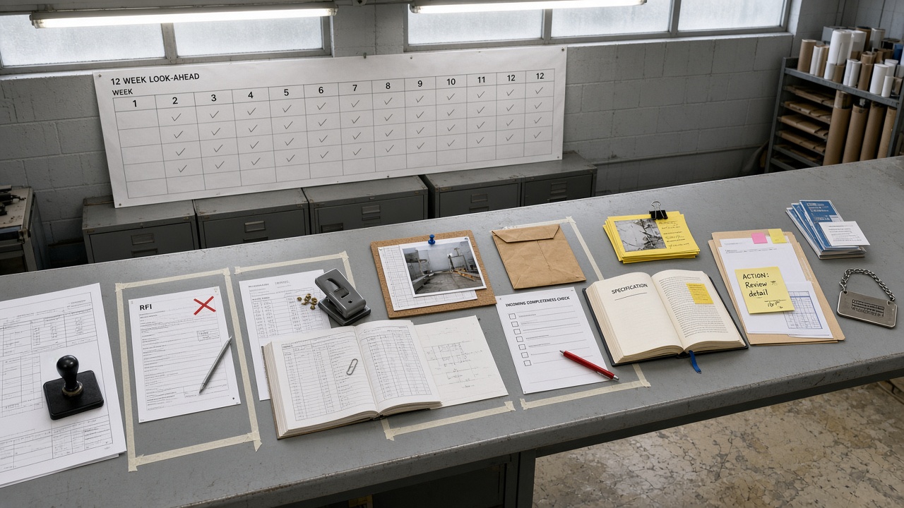 A grey steel document-control bench in a British print room, taped into ten workstations: a revision stamp, a refused RFI form, a hole-punch beside an open register ledger, a site photograph pinned to cork, an incoming envelope and checklist, an open specification volume, clipped yellow snag cards, flagged meeting minutes, and a chained metal asset tag; a twelve-week wall calendar hangs above the filing cabinets.