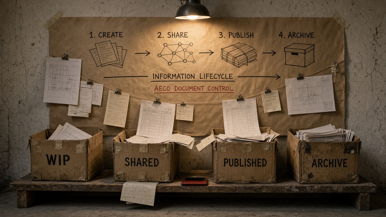 Brown kraft paper taped to a studio wall under a clamp lamp: a hand-drawn lifecycle of arrows, four cardboard boxes labelled WIP, SHARED, PUBLISHED and ARCHIVE, and drawing sheets flowing between them.