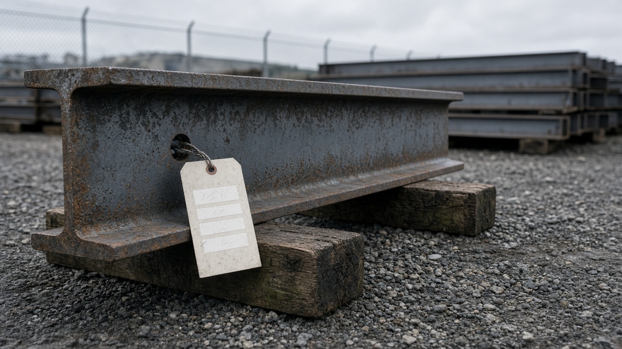 A weathered steel I-beam on timber packers in an overcast UK stockyard, with a cream field card wire-tied to the web—three blank blocks for materials, carbon and circularity—against a receding row of grey beams.