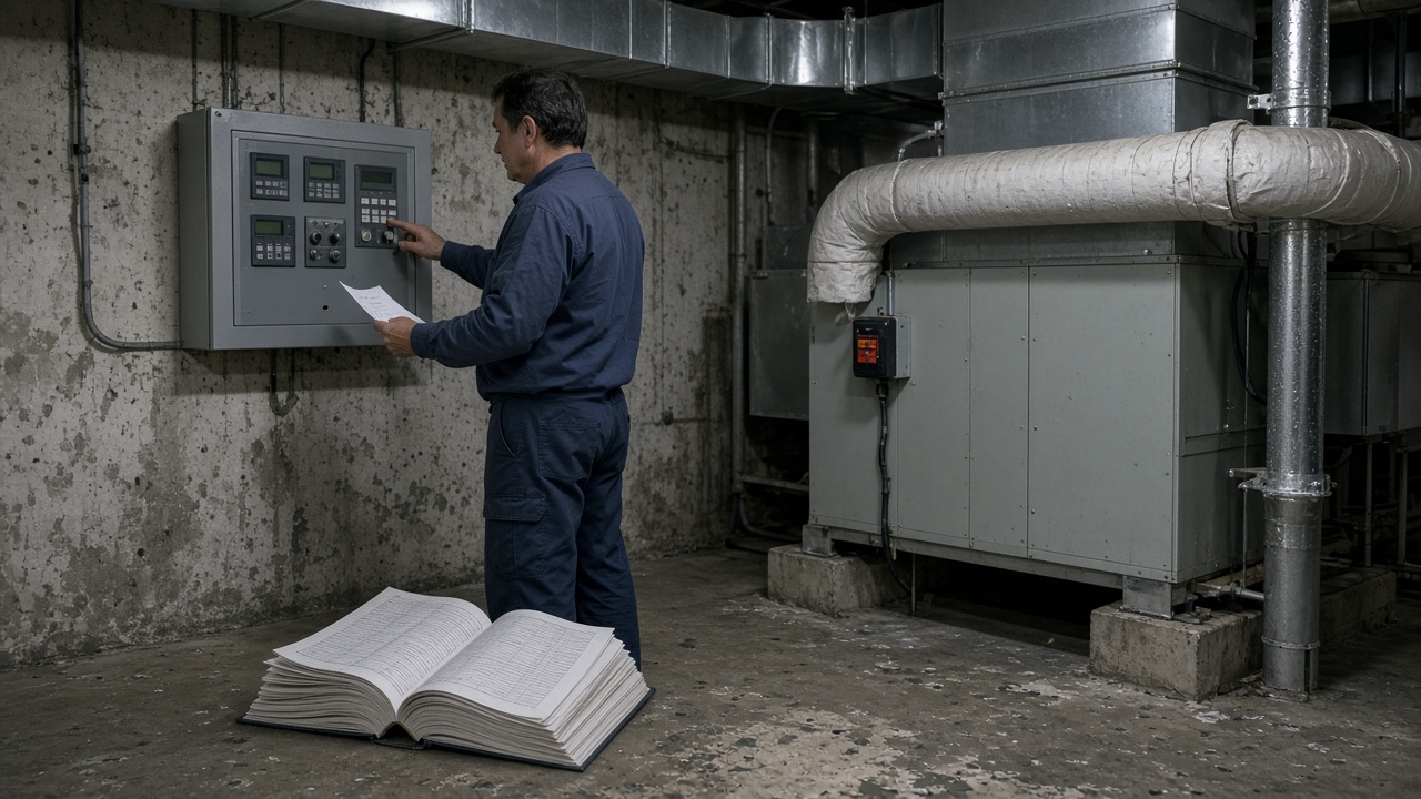 A facilities technician in a navy work shirt stands at a wall-mounted grey BMS panel, one hand on a knob and a thin scrap of paper in the other, while a fat unused printed register lies open and ignored on the plant-room floor beside an air-handling unit.
