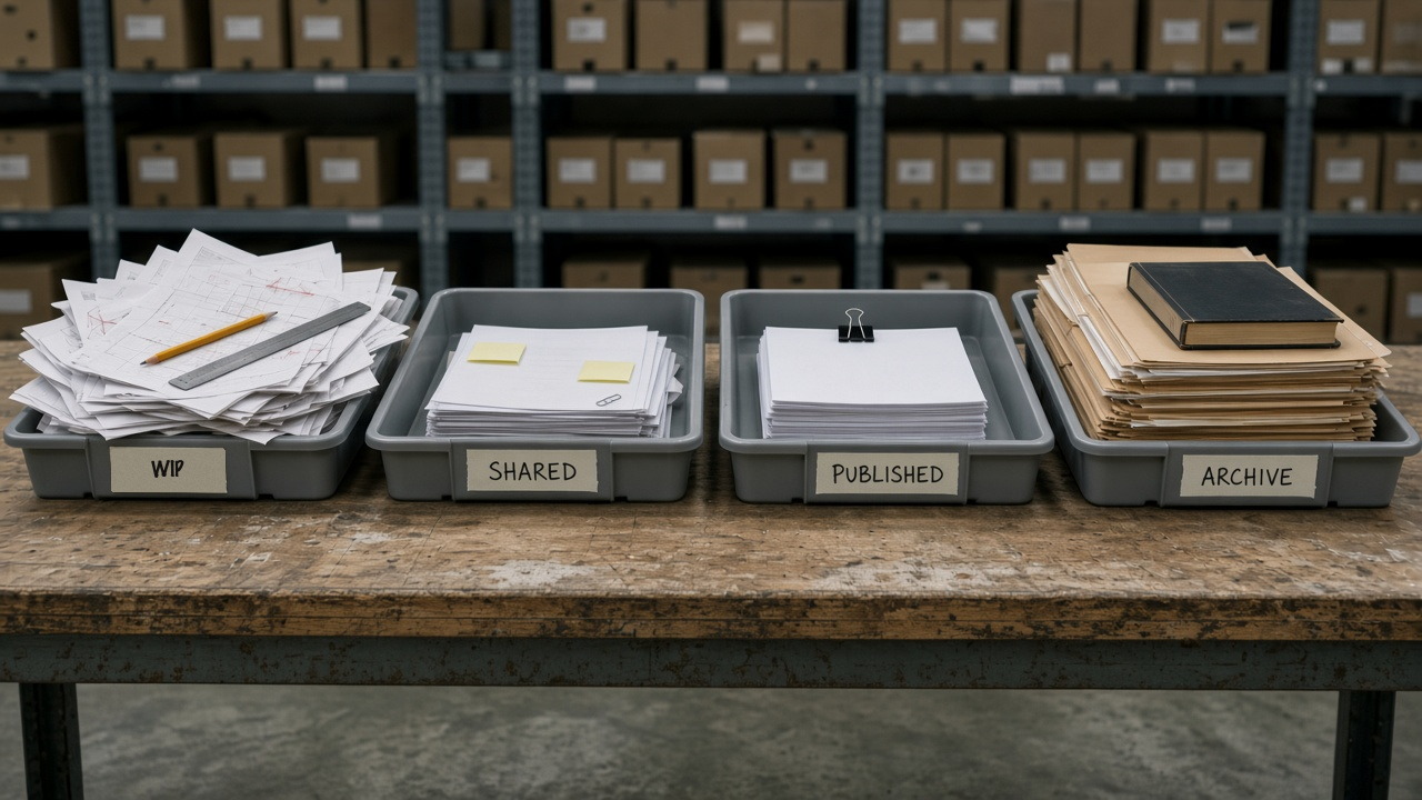 Four grey document trays on a warehouse bench, taped WIP, SHARED, PUBLISHED and ARCHIVE, from an overflowing marked-up set to a packed journal under fluorescent lights and archive racking.