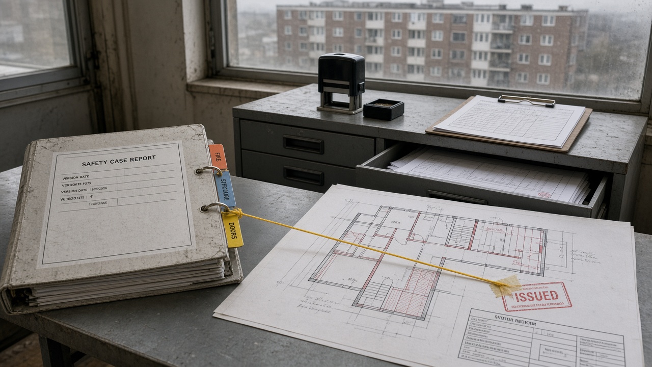 A yellow survey line physically tying a grey safety-case ring binder to a current issued fire-strategy drawing on a UK site-office bench, plan-chest drawers behind, a brick mid-rise residential block through the window.