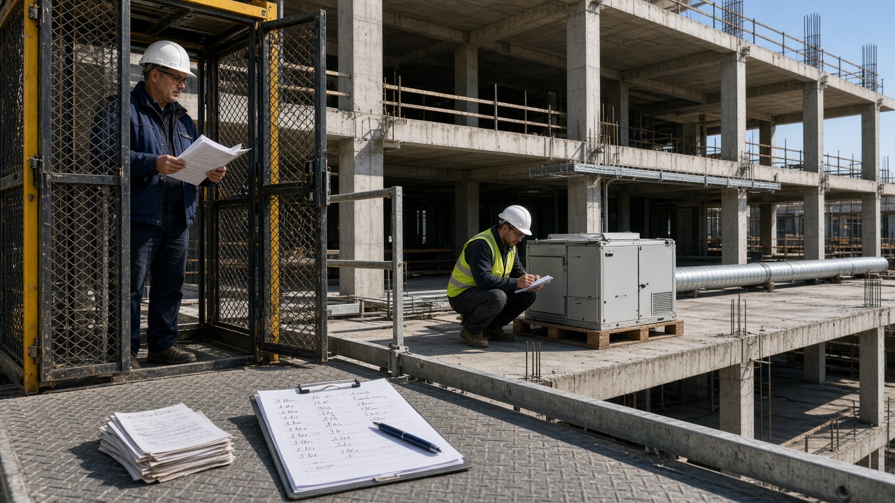 On a daylight construction hoist landing at mid-height of an unfinished concrete frame, two site people review a printed four-row readiness score sheet on the chequer-plate deck beside a newly delivered air-handling unit, open slab edges and services going in behind them.
