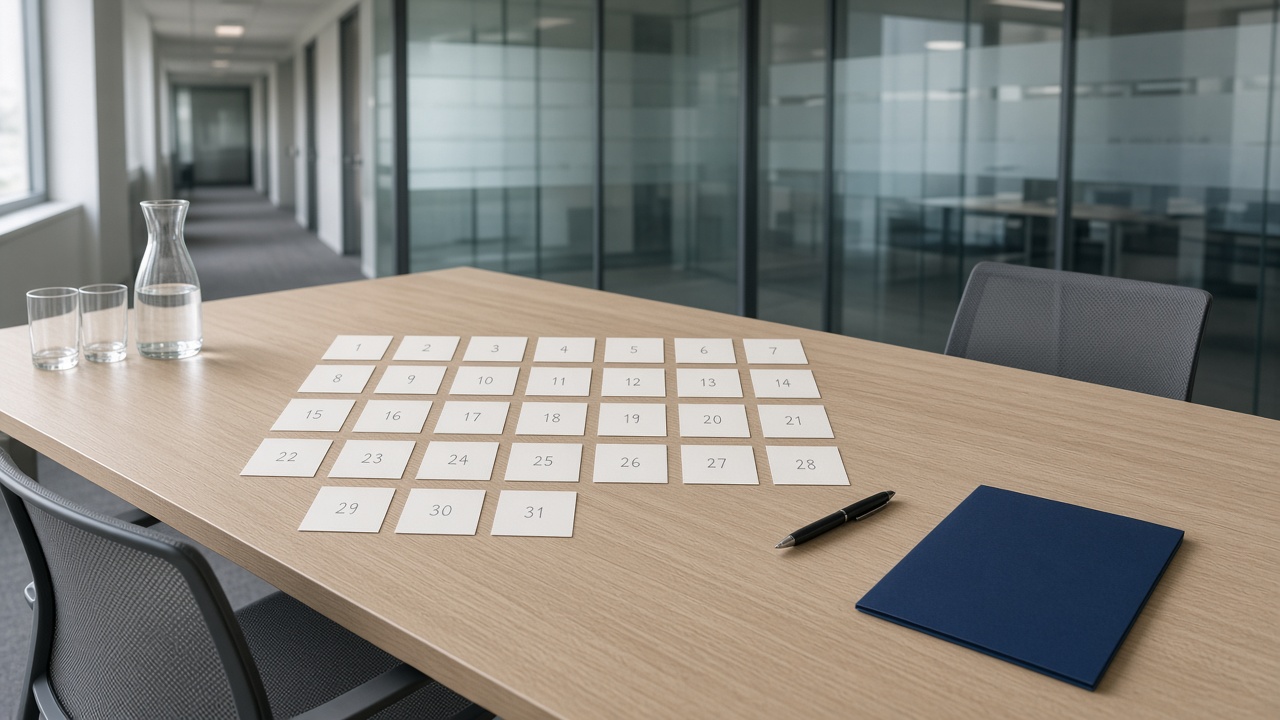 A glass-walled conference table with thirty-one numbered index cards in a grid, one black pen, a blank navy NDA folder, water carafe and glasses, empty chairs, and a corridor beyond the glass — no construction view.