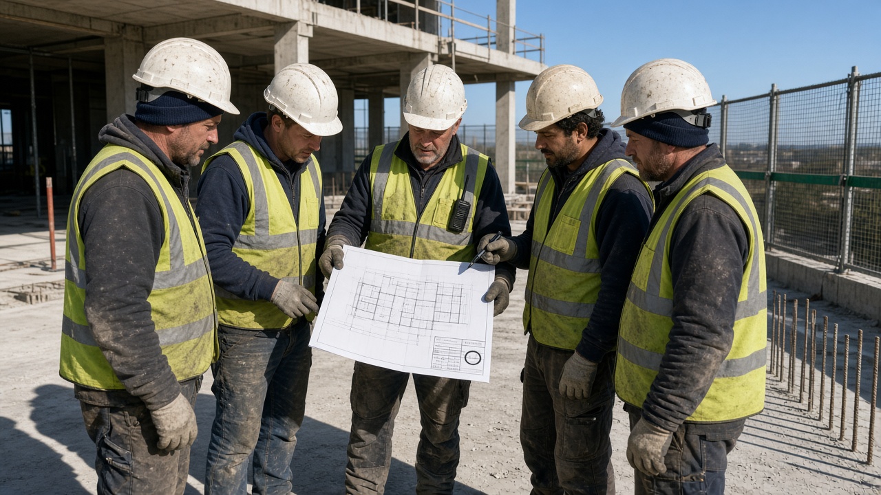 At 07:00 on a sunlit slab edge, a gloved supervisor holds one A3 plot so a huddle of trades can see a marker circle around the title-block revision box.