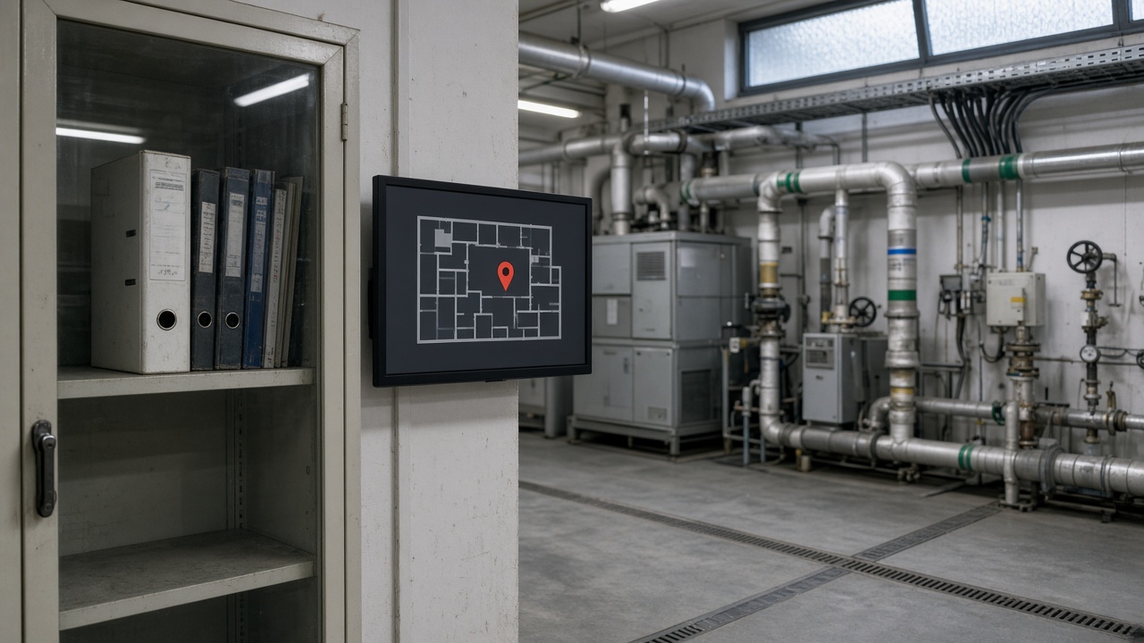 A dusty unused lever-arch file behind glass in a plant-room cabinet, opposite a wall-mounted screen showing only a location pin on a muted floor plan among pipework and an air-handling unit.