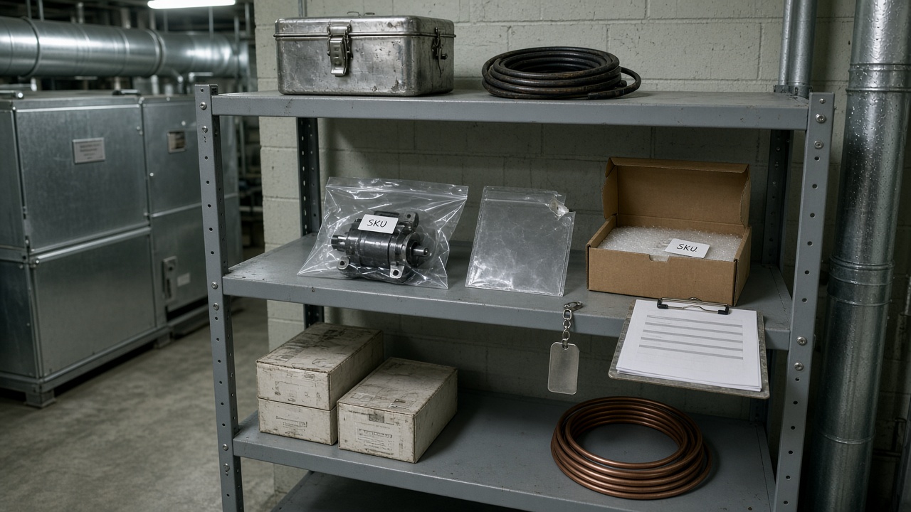 On a fluorescent-lit plant-room steel shelf, a sealed bag holds a wrong rotary actuator beside an empty warranty-card sleeve, an open unmarked spare box, a blank asset tag and a clipboard of unreadable parts-list bars; an air-handling unit sits soft in the background.