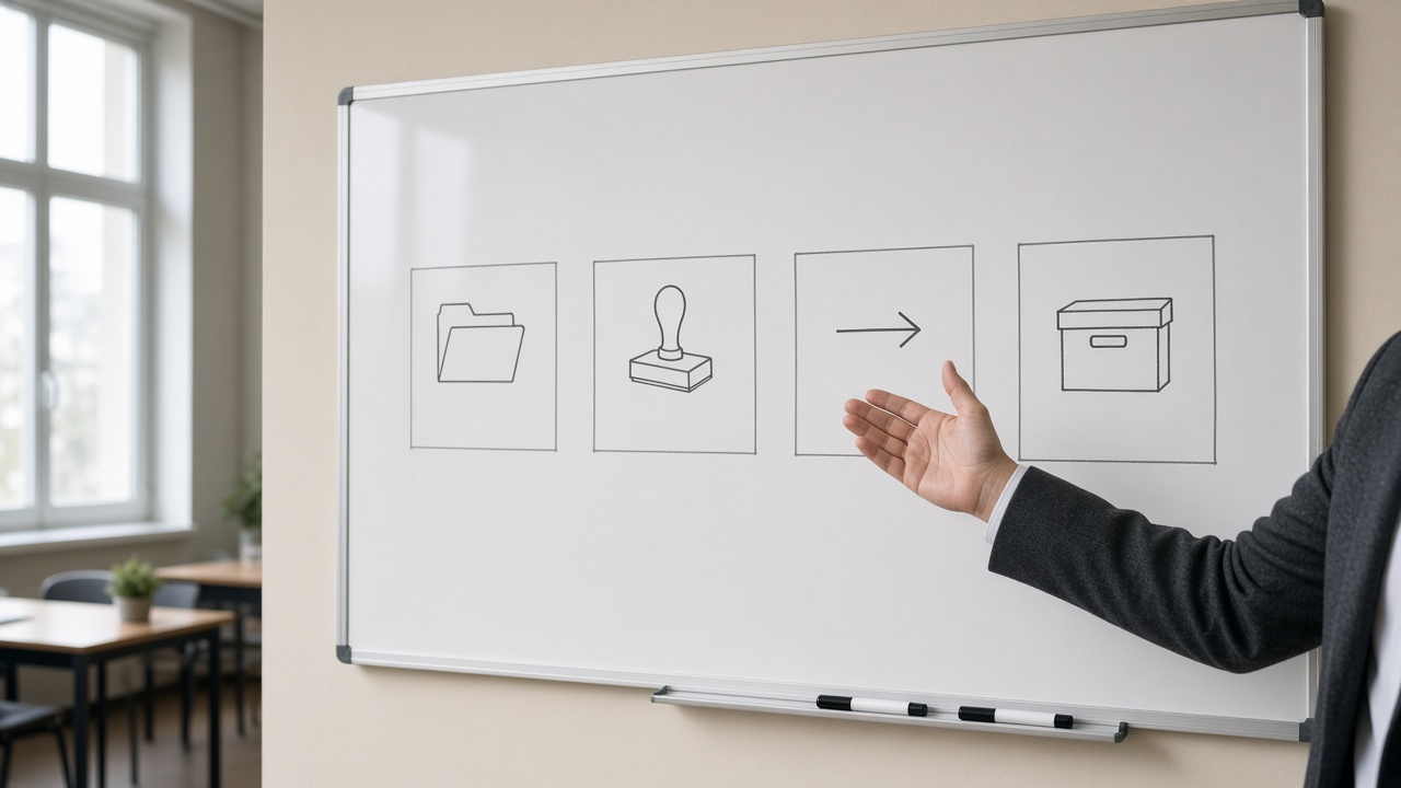 A lecturer's hand mid-gesture toward a classroom whiteboard with four empty boxes marked only by a folder, a stamp, an arrow, and an archive icon.