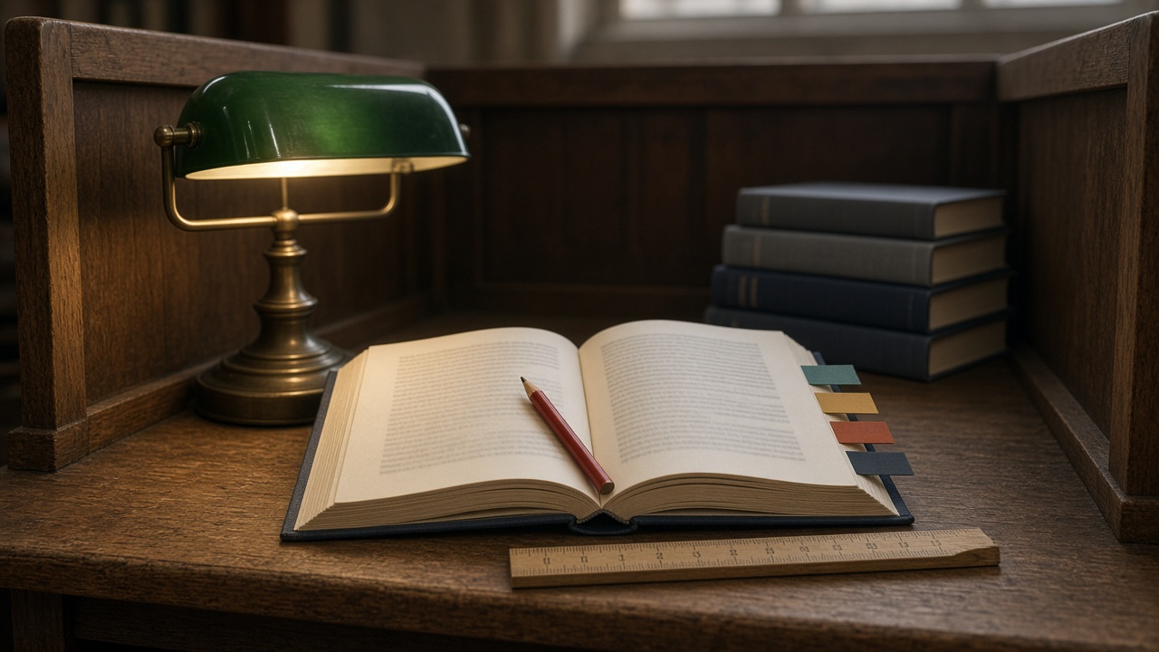 A dark oak library carrel under a green banker's lamp: an open navy-bound standard with unreadable inner text, four coloured index tabs, a red pencil in the gutter, a wooden ruler along the lower edge, and a small stack of unmarked bound volumes to the right.