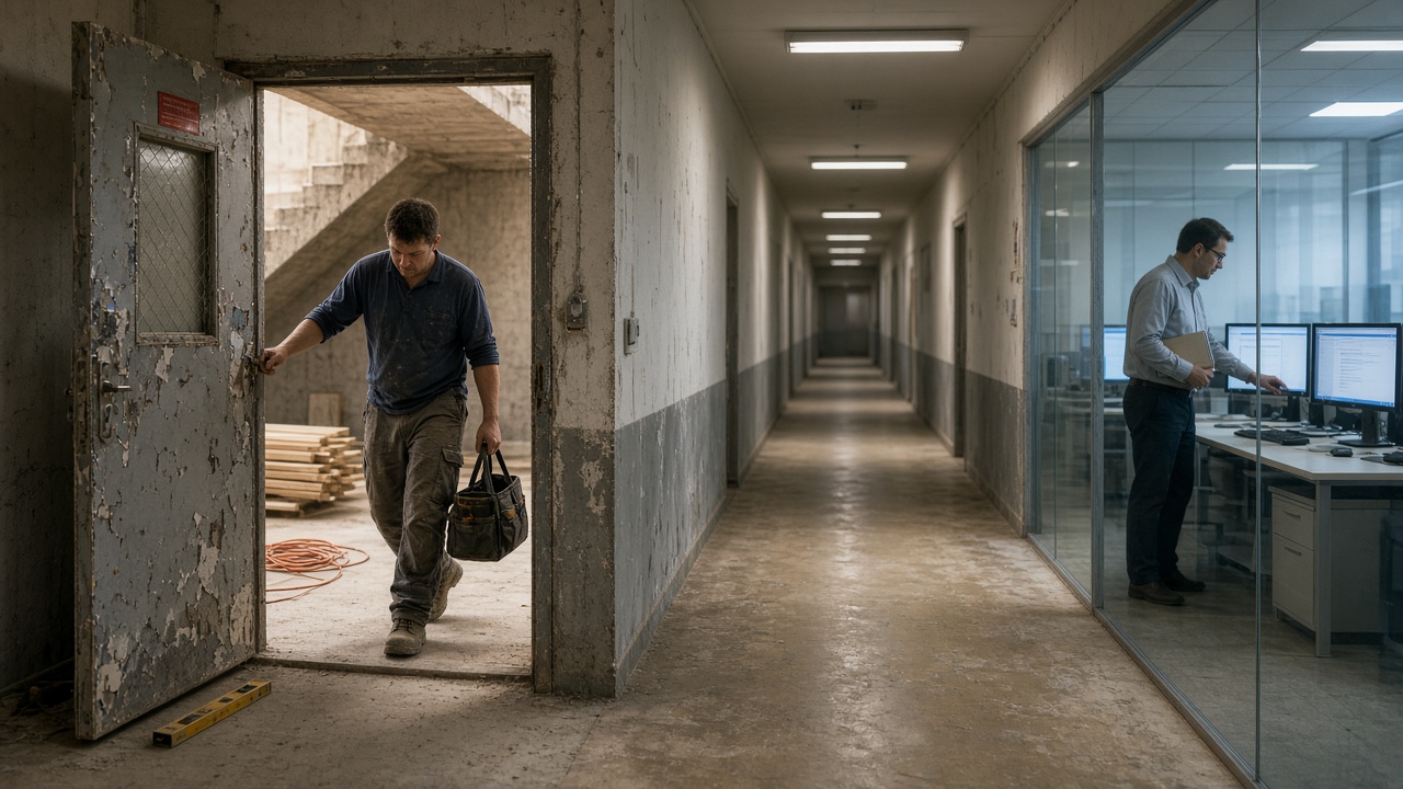 A construction-company corridor split by a scuffed fire door: a labourer with a tool bag and spirit level steps in from a dusty concrete landing, while an office worker leans toward glowing, unreadable screens behind glass.