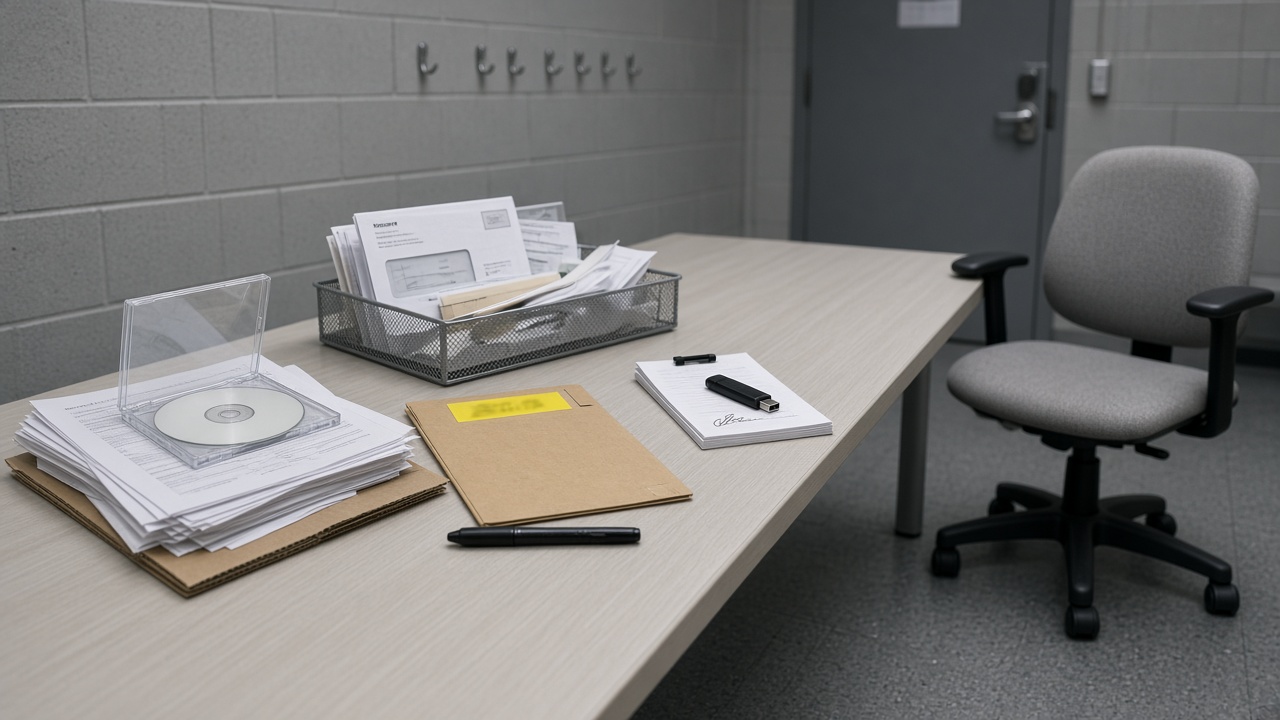 Five handover leak points in a line on a pale facilities table: a blank optical disc in an open jewel case on a paper dump, a manila wallet whose tab is covered by a yellow rename sticker, a wire inbox stuffed with envelopes, a black USB on a signed receipt, and an empty office chair at the far end.