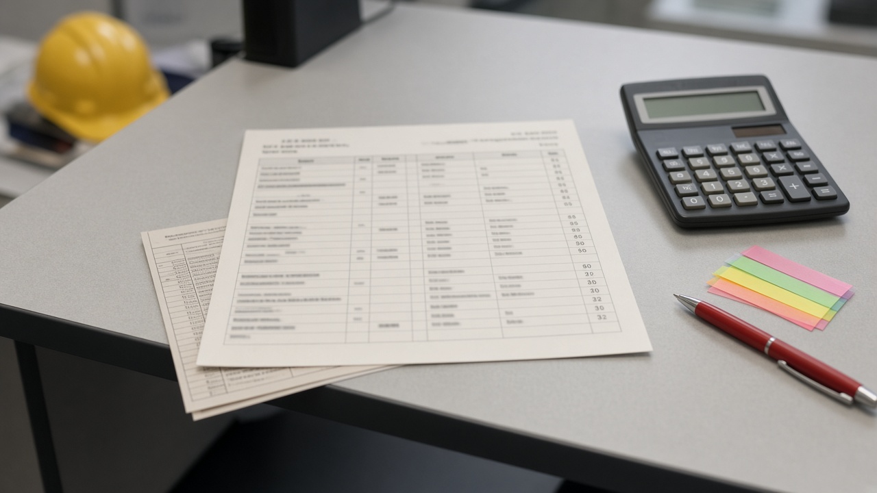 A UK quantity surveyor's commercial desk: a one-page AIR price sheet with four column blocks, a desktop calculator, a red pen, and a half-tucked mechanical activity schedule — no binder, no hard hat.