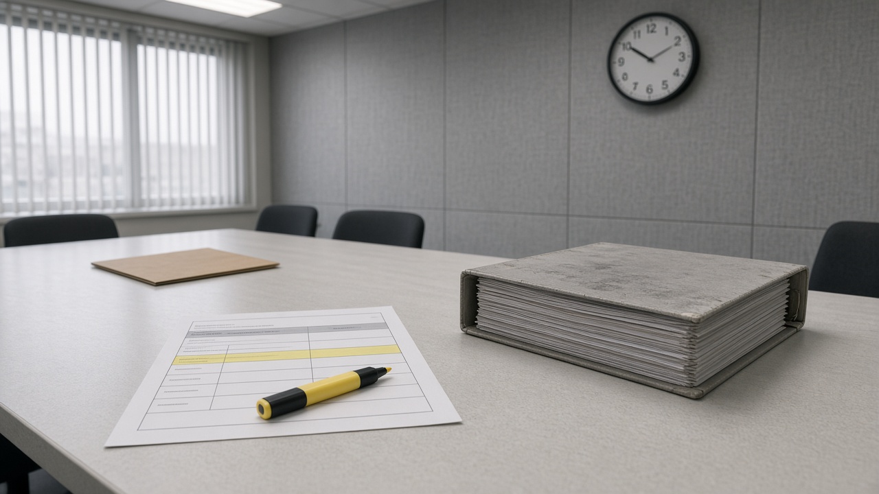A procurement conference table under fluorescent light: one slim highlighted EIR exchange sheet with a yellow highlighter on it, set against a thick unread lever-arch of last year’s slogan appendix, a closed tender envelope nearby.